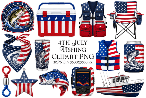4th July Fishing Clipart PNG: Patriotic Angler Designs