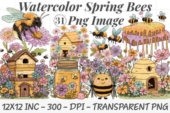 A Sweet Buzz for Your Spring Designs: Watercolor Spring Bees PNG Clipart