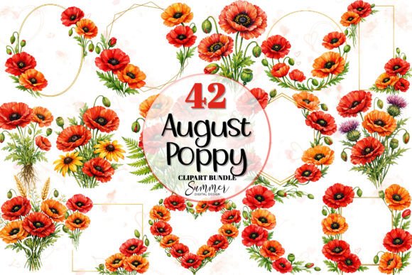 August Poppy Red Floral Frames Clipart for Designers