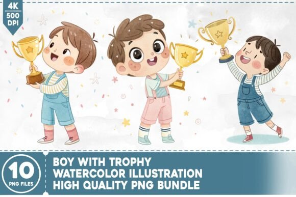 Boy with Trophy Watercolor Bundle: Creative Design Assets