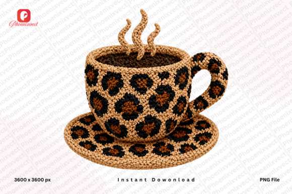 Cozy Meets Chic: The Faux Yarn Crochet Leopard Coffee Cup PNG