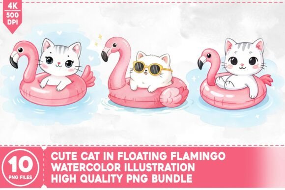 Cute Cat in Floating Falamingo: A Playful Design Asset