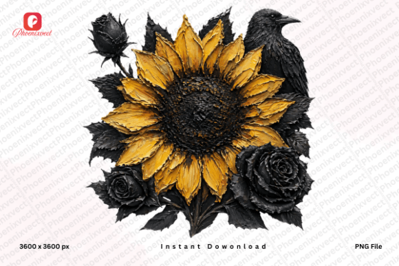 Embrace Dark Elegance with Halloween Gothic Sunflower Crow PNG