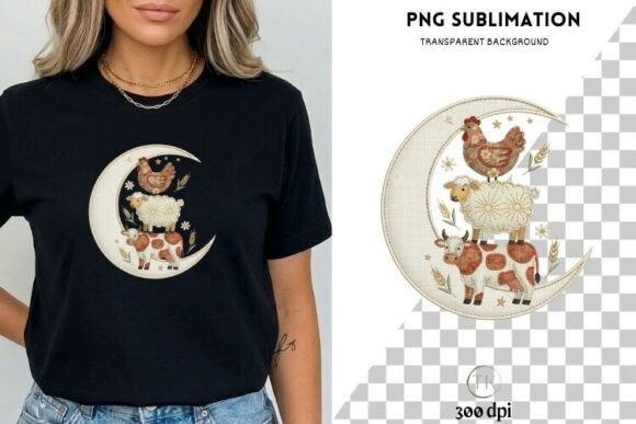 Farm Animals Moon PNG: Cow, Sheep & Chicken Whimsy