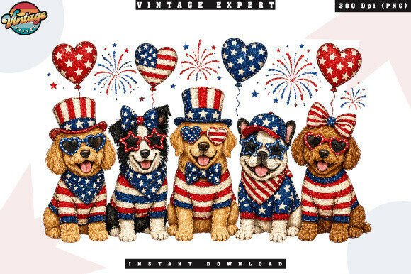 Patriotic Dogs 4th of July Patchwork PNG for Independence Day Designs