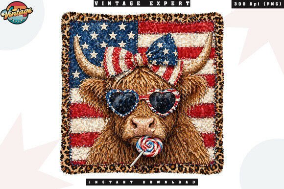 Patriotic Highland Cow Leopard Frame PNG: A Bold Design Asset