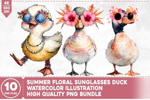 Summer Floral Sunglasses Duck Watercolor: A Creative Design Asset