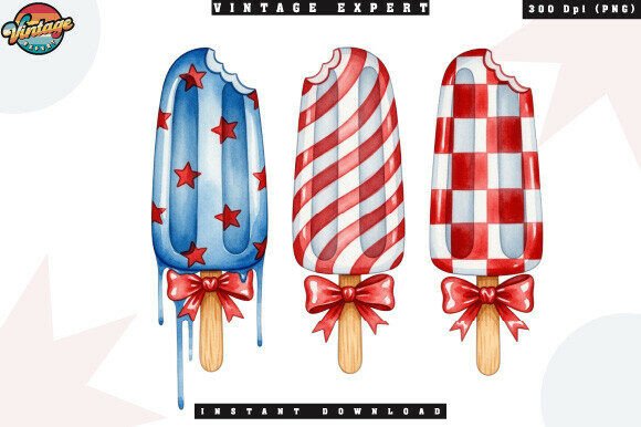 Summer Patriotic Watercolor Ice Cream: Festive Design for 4th of July