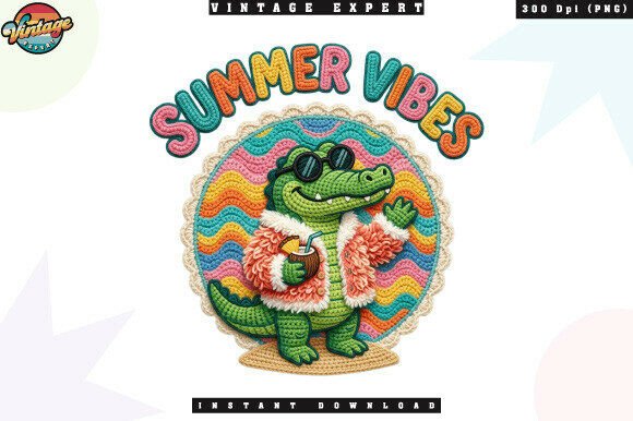 Summer Vibes Crochet Yarn Crocodile PNG for Playful Design