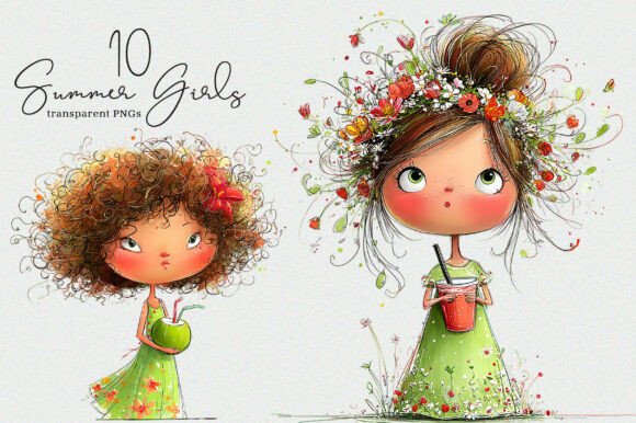 Whimsical Summer Girls with Drinks PNG: A Creative Asset for Designers